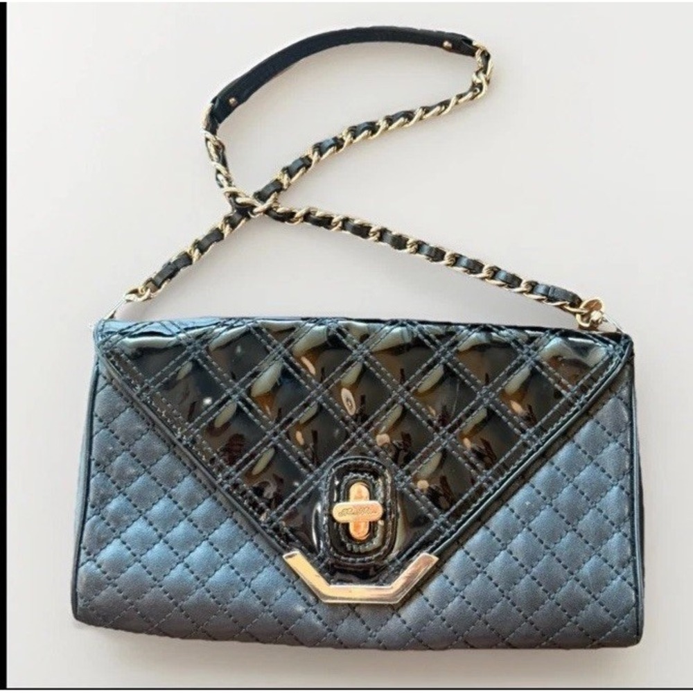 Brooks Brothers Black Quilted Leather Clutch Patent Flap Chain Shoulder Bag Gold